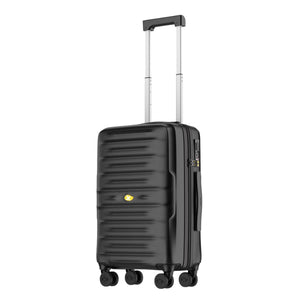 Black suitcase with wheels and handle on a white background