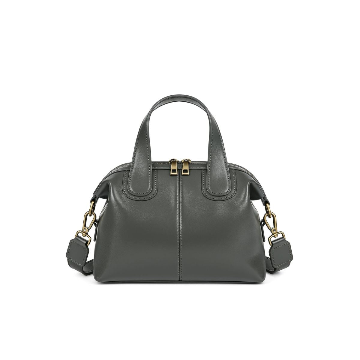 Gray handbag with gold accents on a white background