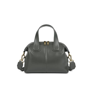 Gray handbag with gold accents on a white background
