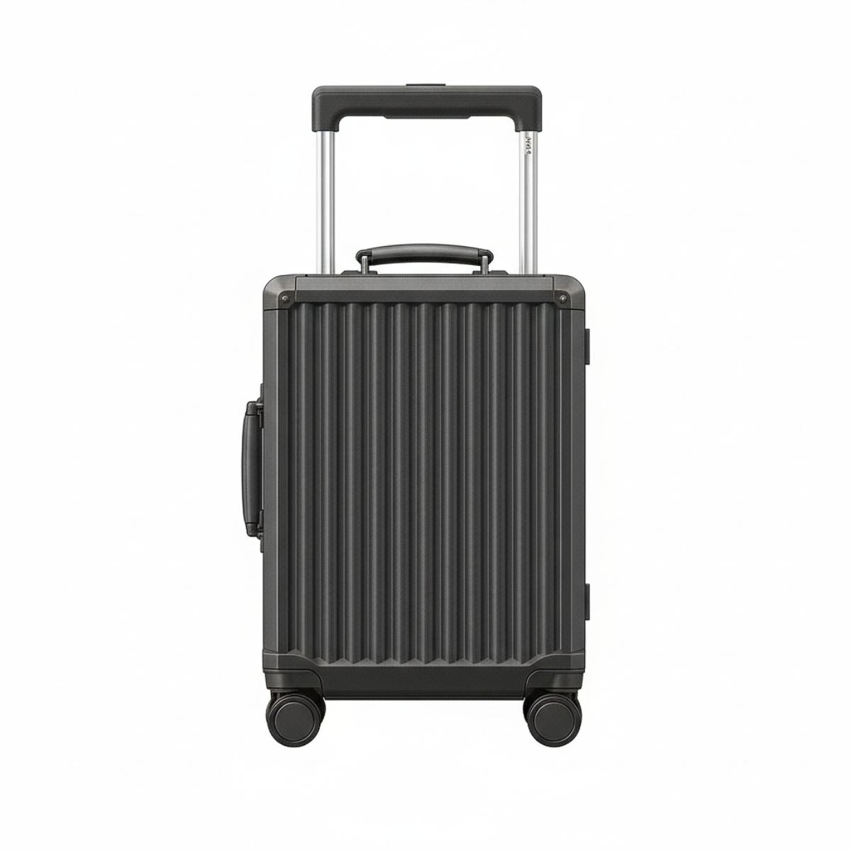 Front view of a dark grey hard-shell carry-on suitcase with vertical ridges, spinner wheels, and a telescopic handle.