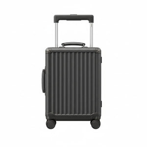 Front view of a dark grey hard-shell carry-on suitcase with vertical ridges, spinner wheels, and a telescopic handle.