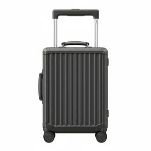 Front view of a dark grey hard-shell carry-on suitcase with vertical ridges, spinner wheels, and a telescopic handle.