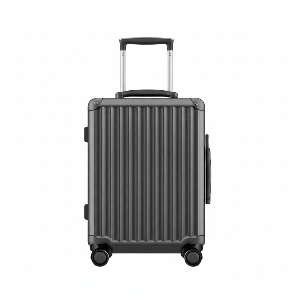 Front view of a dark grey hard-shell carry-on suitcase with vertical ridges, spinner wheels, and a telescopic handle.