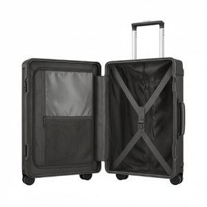Open dark grey hard-shell suitcase showing interior mesh pockets, zipper divider, and cross-strap luggage organization.