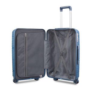 Blue hard-shell carry-on suitcase open view showing interior divider, mesh zip pocket, and cross-strap compartment.