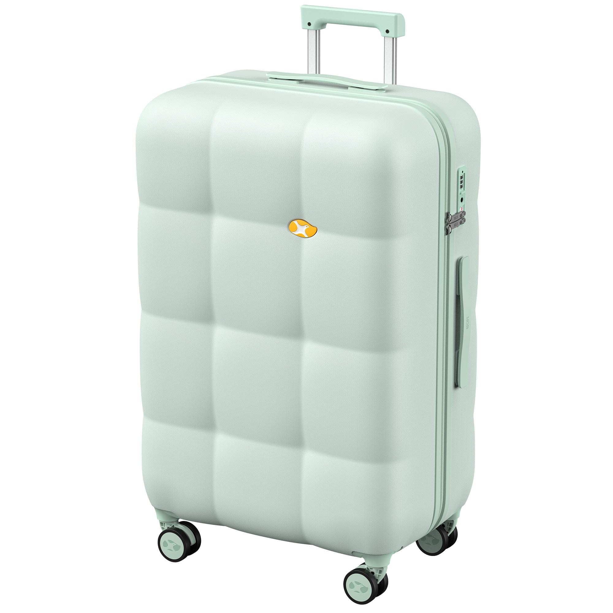 Mint green suitcase with a brand logo on a white background