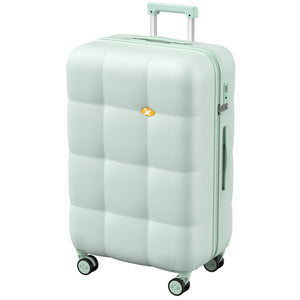 Mint green suitcase with a brand logo on a white background