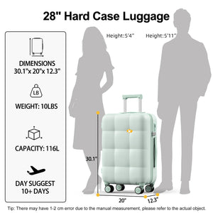 28-inch hard case luggage with dimensions, weight, capacity, and suggested usage duration displayed.