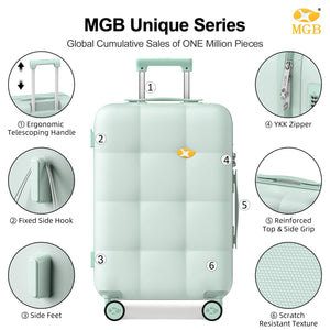 Mint Green suitcase with features highlighted and MGB branding.