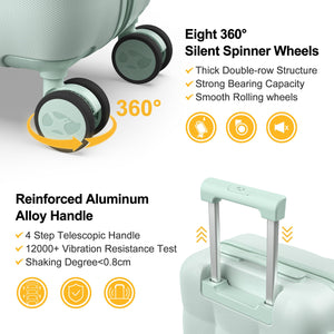 Mint green suitcase with 360-degree spinner wheels and reinforced handle on a white background
