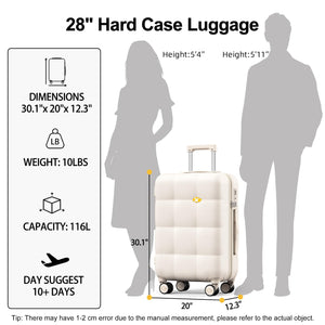 28-inch hard case luggage with dimensions, weight, capacity, and suggested usage duration displayed.