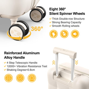 White suitcase with 360-degree spinner wheels and reinforced handle on a white background