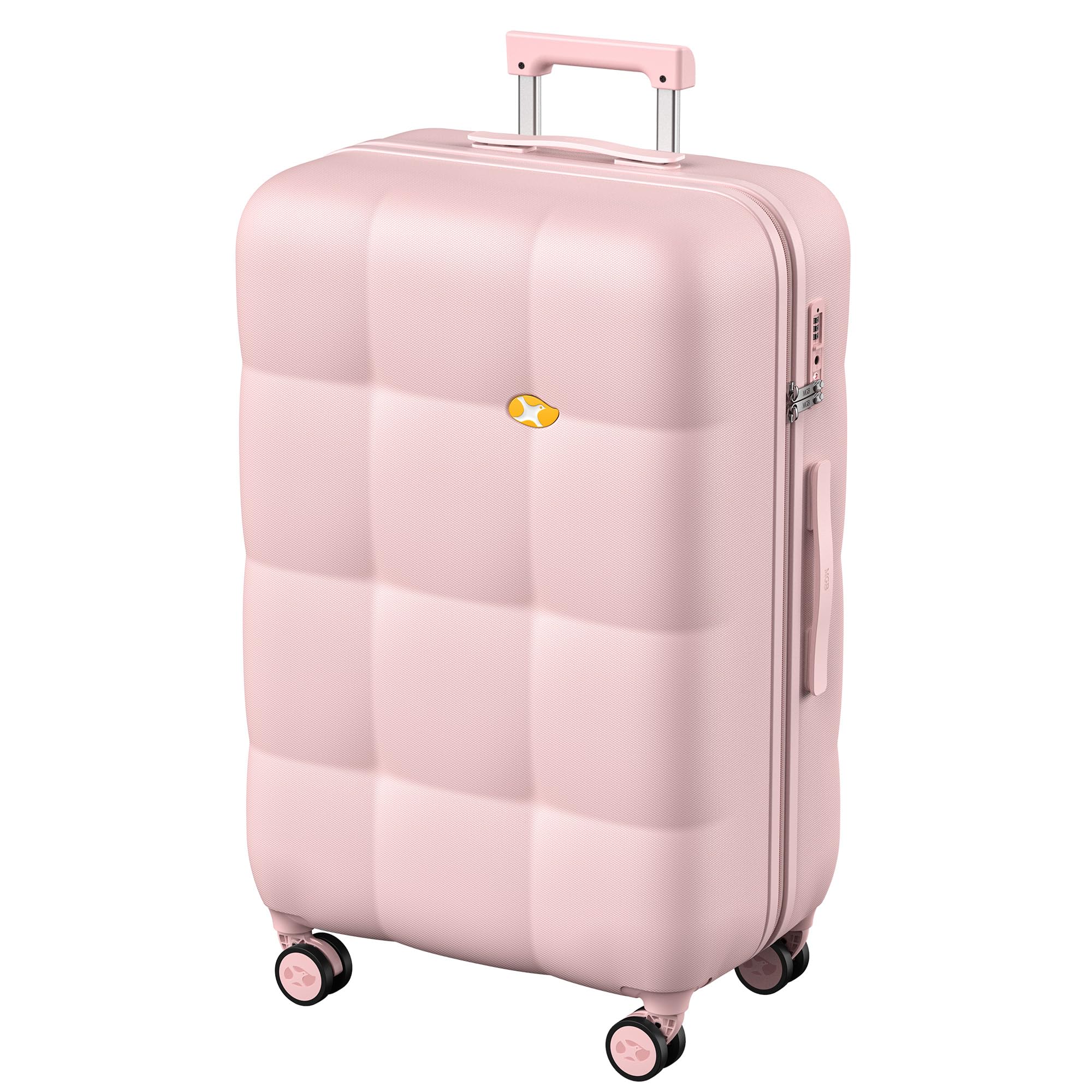 Pink suitcase with a visible brand logo on a white background