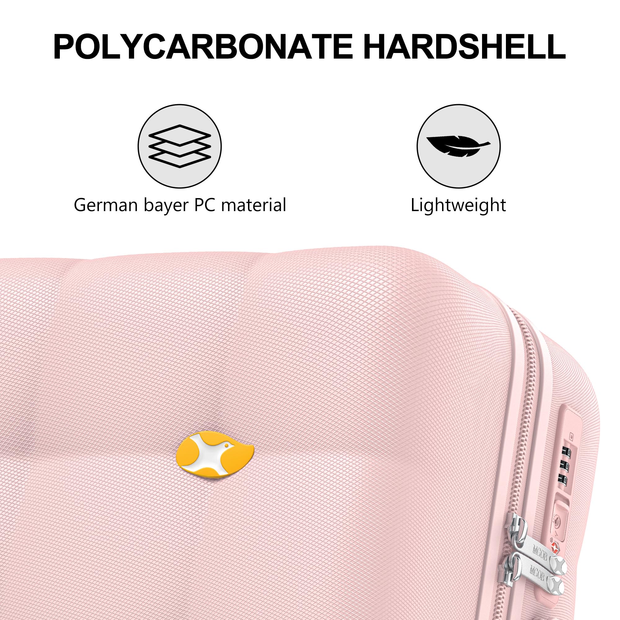 Pink polycarbonate hardshell case with German bayer PC material and lightweight features on a white background.