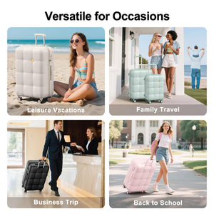 Four scenarios showing a suitcase being used for leisure vacations, family travel, business trips, and back to school.