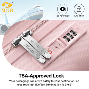 TSA-approved lock on a pink suitcase with MGB branding and icons indicating TSA approval and anti-theft features.