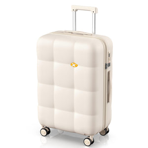 White suitcase with a visible brand logo on a white background