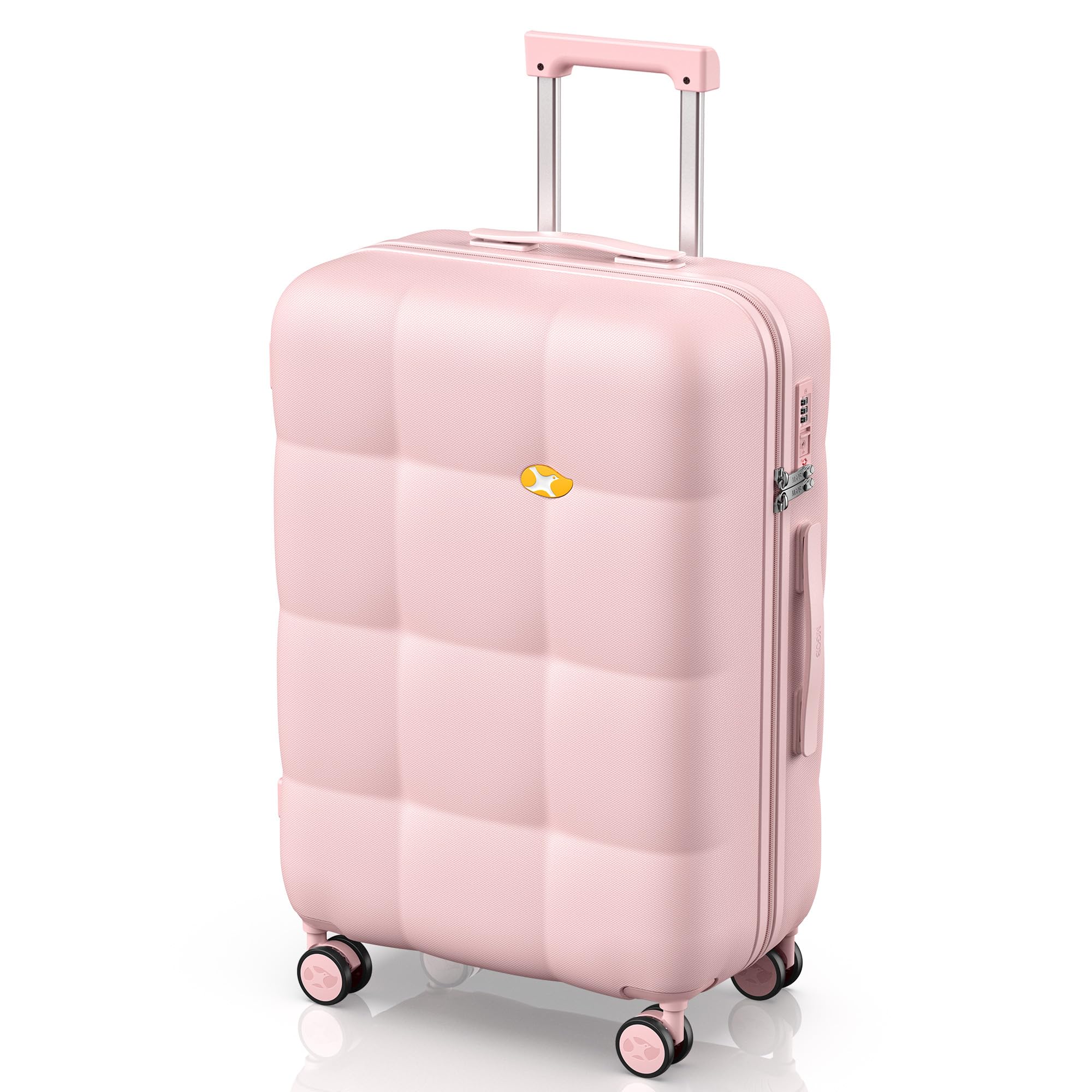 Pink suitcase with a visible brand logo on a white background