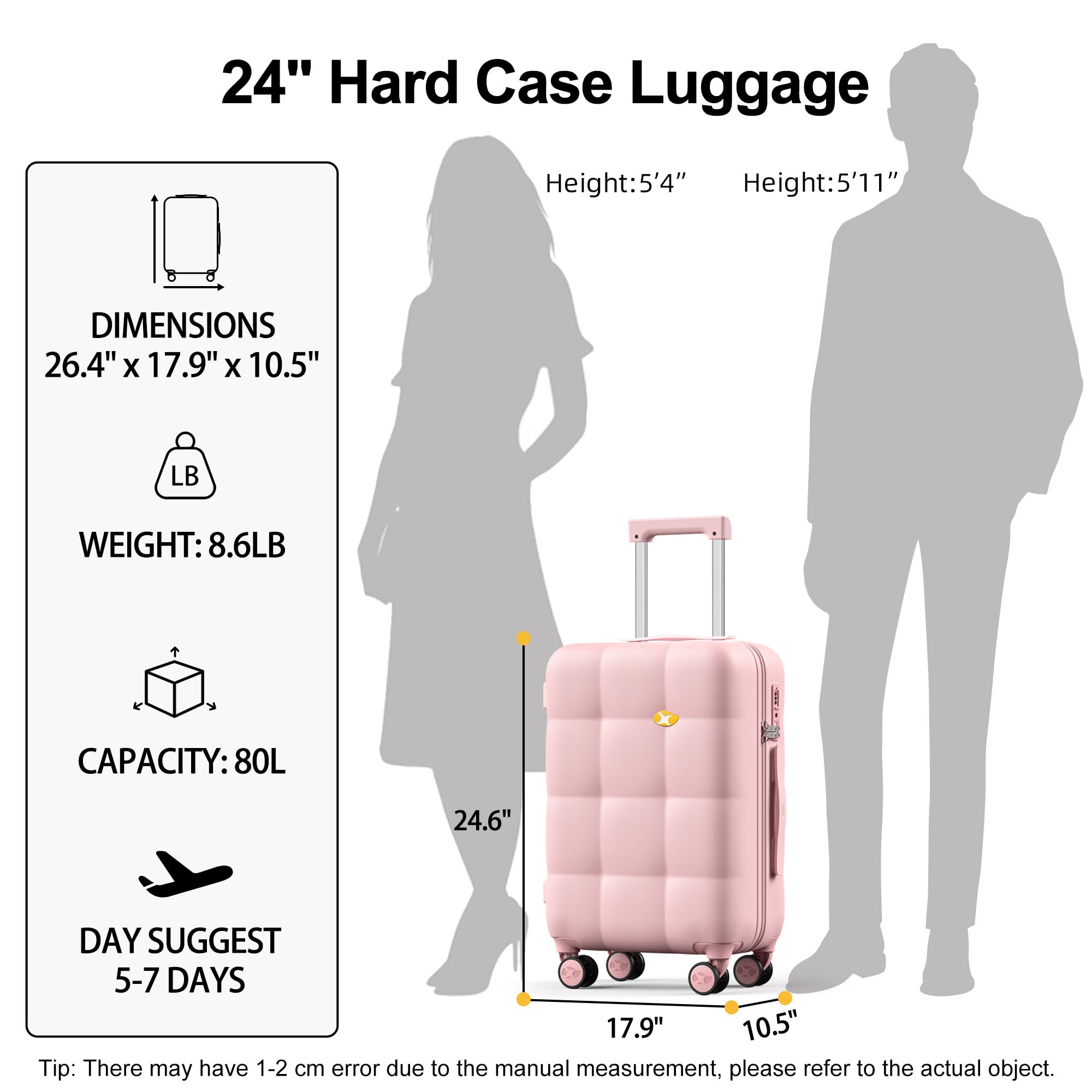 Pink hard case luggage with dimensions, weight, capacity, and height measurements shown next to a silhouette of a person.