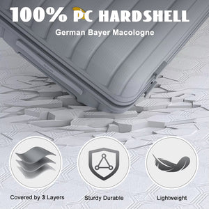Gray hardshell suitcase with '100% PC Hardshell' text and German Bayer Macologne branding on a textured surface.