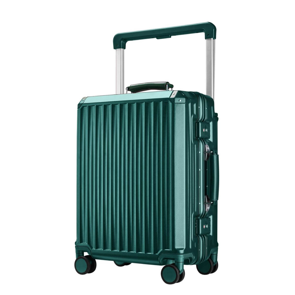 Dark green hard-shell carry-on suitcase with vertical ridges, aluminum frame, 360° spinner wheels, and telescopic handle.