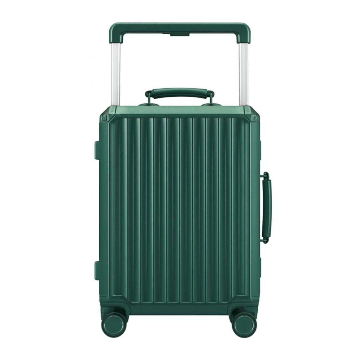 Dark green hard-shell carry-on suitcase with vertical ridges, durable lightweight polycarbonate design, four 360° spinner wheels, and adjustable telescopic handle — premium cabin luggage for travel and business trips.