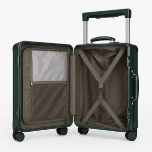 Open dark green hard-shell suitcase showing interior mesh pockets, zipper divider, and cross-strap luggage organization.