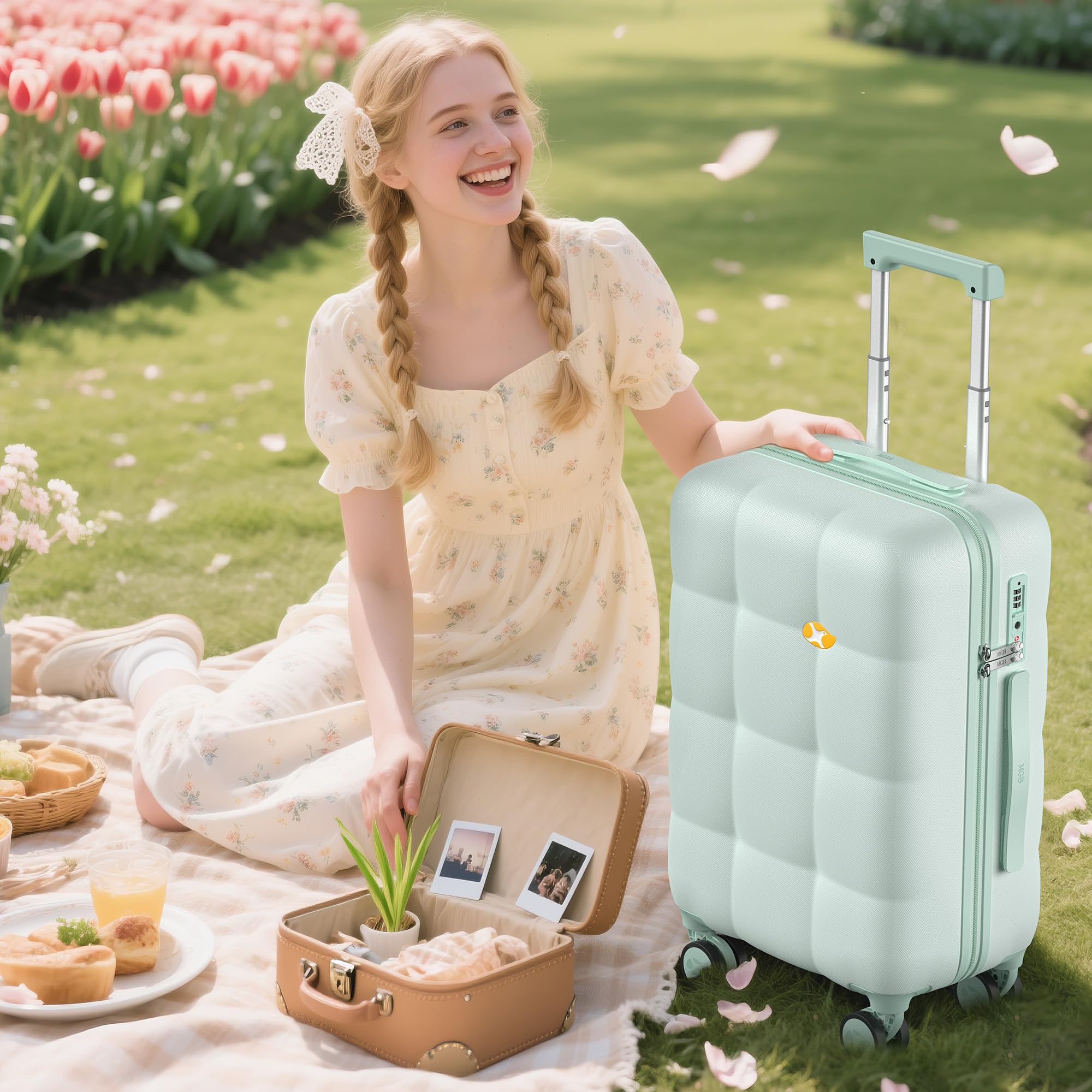 Woman sitting on a blanket with a mint green suitcase and small suitcase in a garden setting.