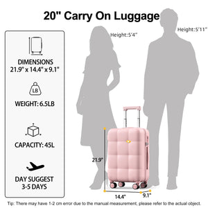 Pink carry-on luggage with dimensions, weight, capacity, and suggested usage duration displayed.