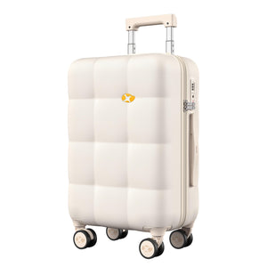 White suitcase with a brand logo on a white background