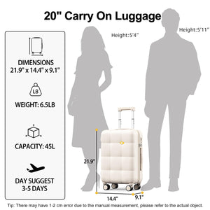 Measurement chart for a 20-inch carry-on luggage with dimensions, weight, capacity, and suggested usage duration.