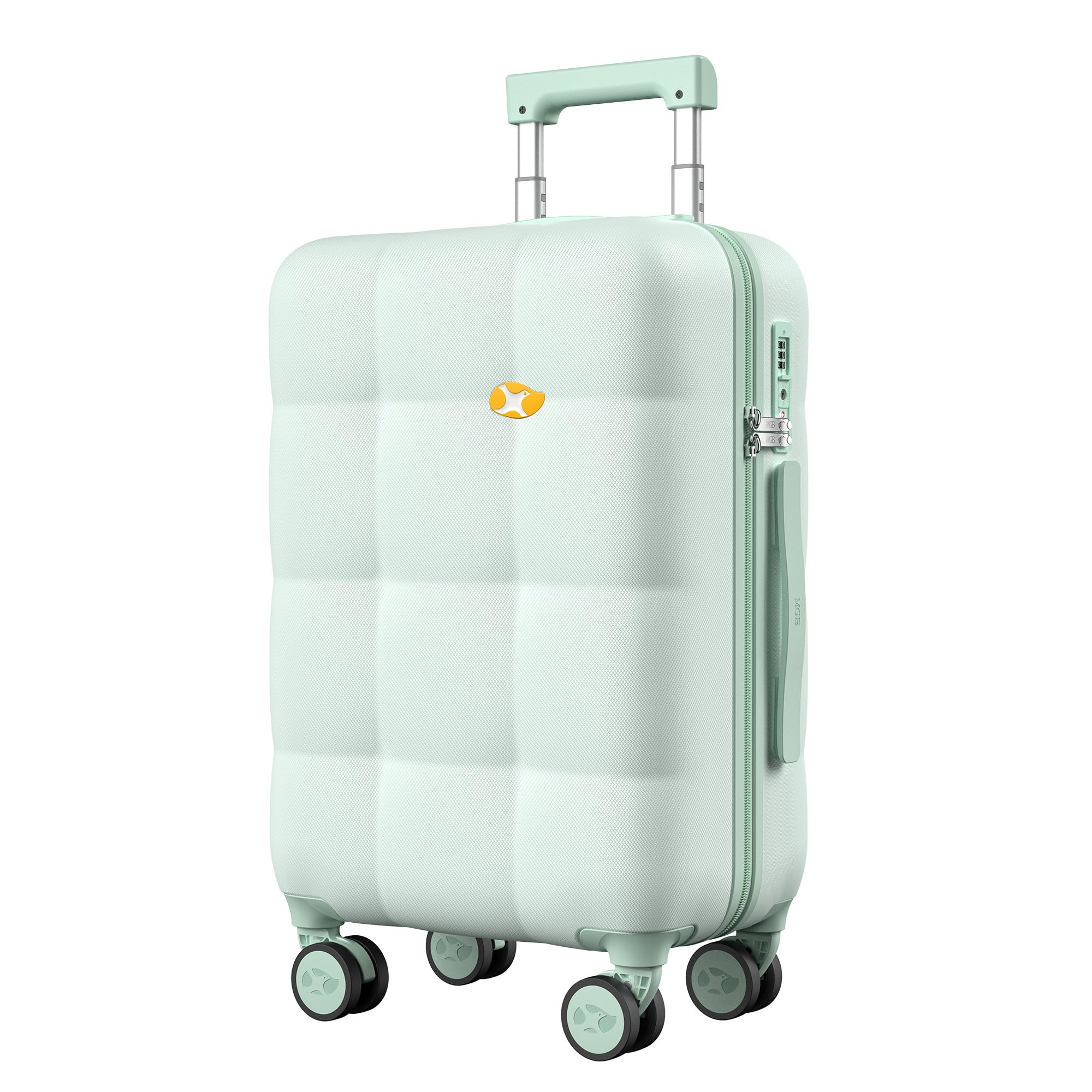 Mint green suitcase with wheels on a white background