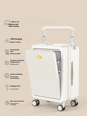White carry-on suitcase with front laptop compartment, wide telescopic handle, USB charging port, antibacterial lining, hook, and silent spinner wheels.