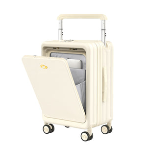 Front storage lid open showing laptop and internal organizer slots inside the suitcase.