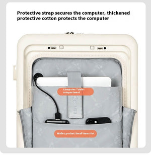 Front laptop compartment with padded protection, secure strap, and pockets for small items like phones and wallets.