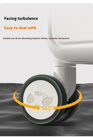 Suitcase with 360° double-row shock-absorbing wheels designed for smooth, stable rolling on uneven or bumpy surfaces.