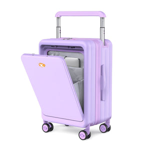 Purple carry-on suitcase with front quick-access laptop compartment and smooth 360° spinner wheels.