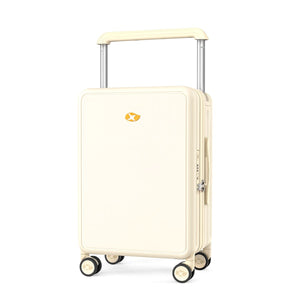 Beige suitcase with a visible brand logo on a white background