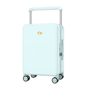 Mint green hard-shell luggage with telescopic handle and four-wheel system.
