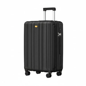 Black suitcase with a visible brand logo on a white background