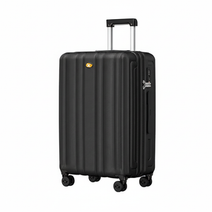 Black suitcase with a visible brand logo on a white background