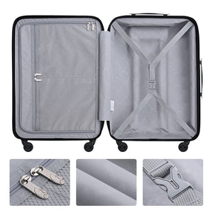 Gray suitcase with open lid showing interior, close-up of zipper, handle, and wheels on a white background.