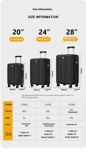 Size information chart for black suitcases with dimensions, weight, capacity, and storage details.