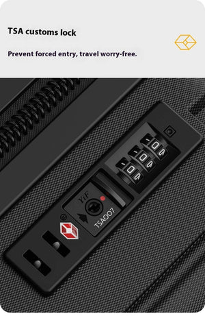 TSA customs lock on a black suitcase with text 'Prevent forced entry, travel worry-free.'