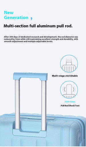 Blue suitcase with a multi-section full aluminum pull rod and text about its features.