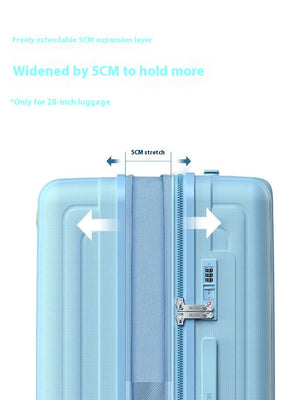 Blue suitcase with an extended expandable layer showing 5cm stretch, on a white background.