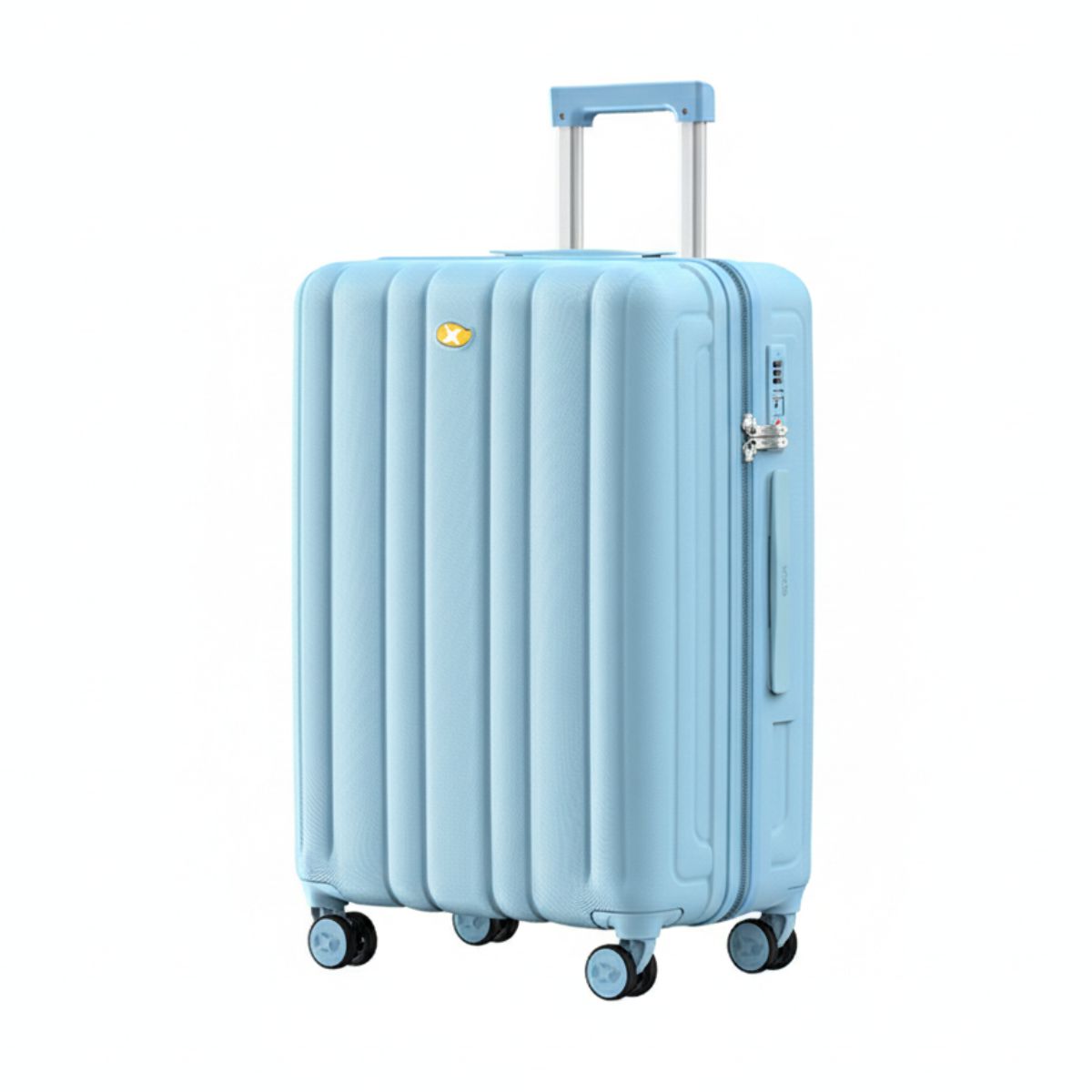 Light blue suitcase with a visible brand logo on a white background