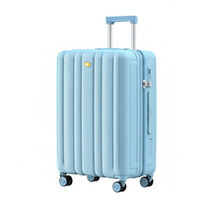 Light blue suitcase with a visible brand logo on a white background