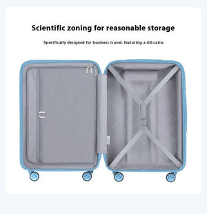 Open suitcase with blue exterior and gray interior, featuring text about scientific zoning and storage.