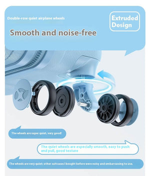 Extruded design airplane wheels with text highlighting smoothness and noise-free operation.
